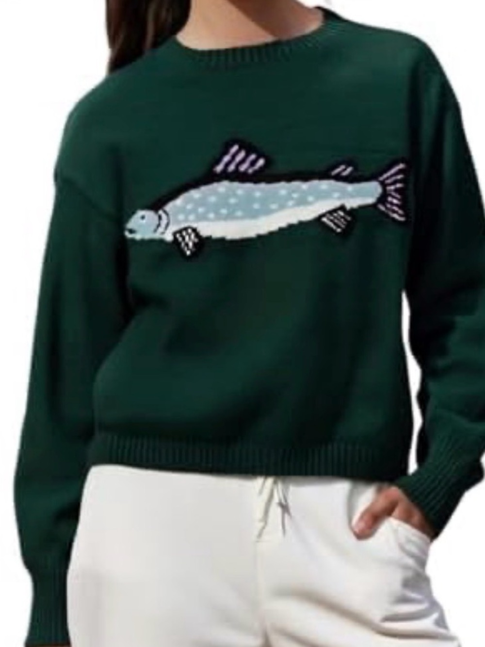 Forest Green Fish Motif Crewneck Sweater NWOT